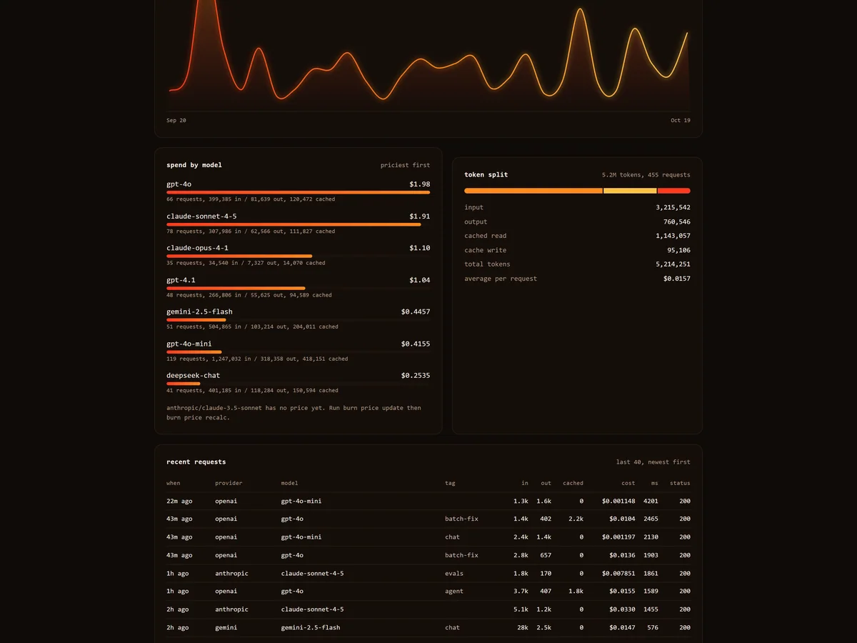 Lower part of the burn demo dashboard: spend by model, token split, and recent requests.